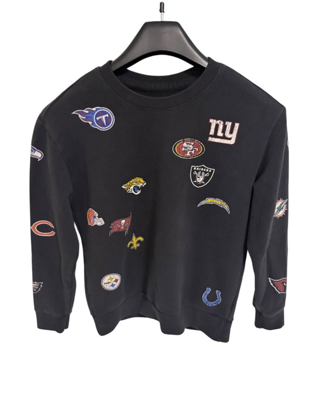NFL Sweatshirt Size XS All Over Team Logos Crewneck Graphic Black